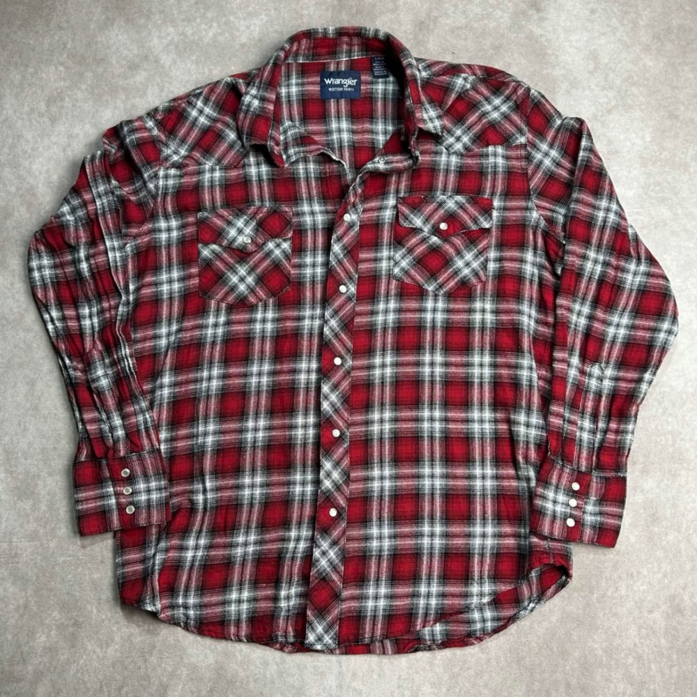 Wrangler Western Shirt Mens Large Red Black Plaid Cotton Flannel Snap Front